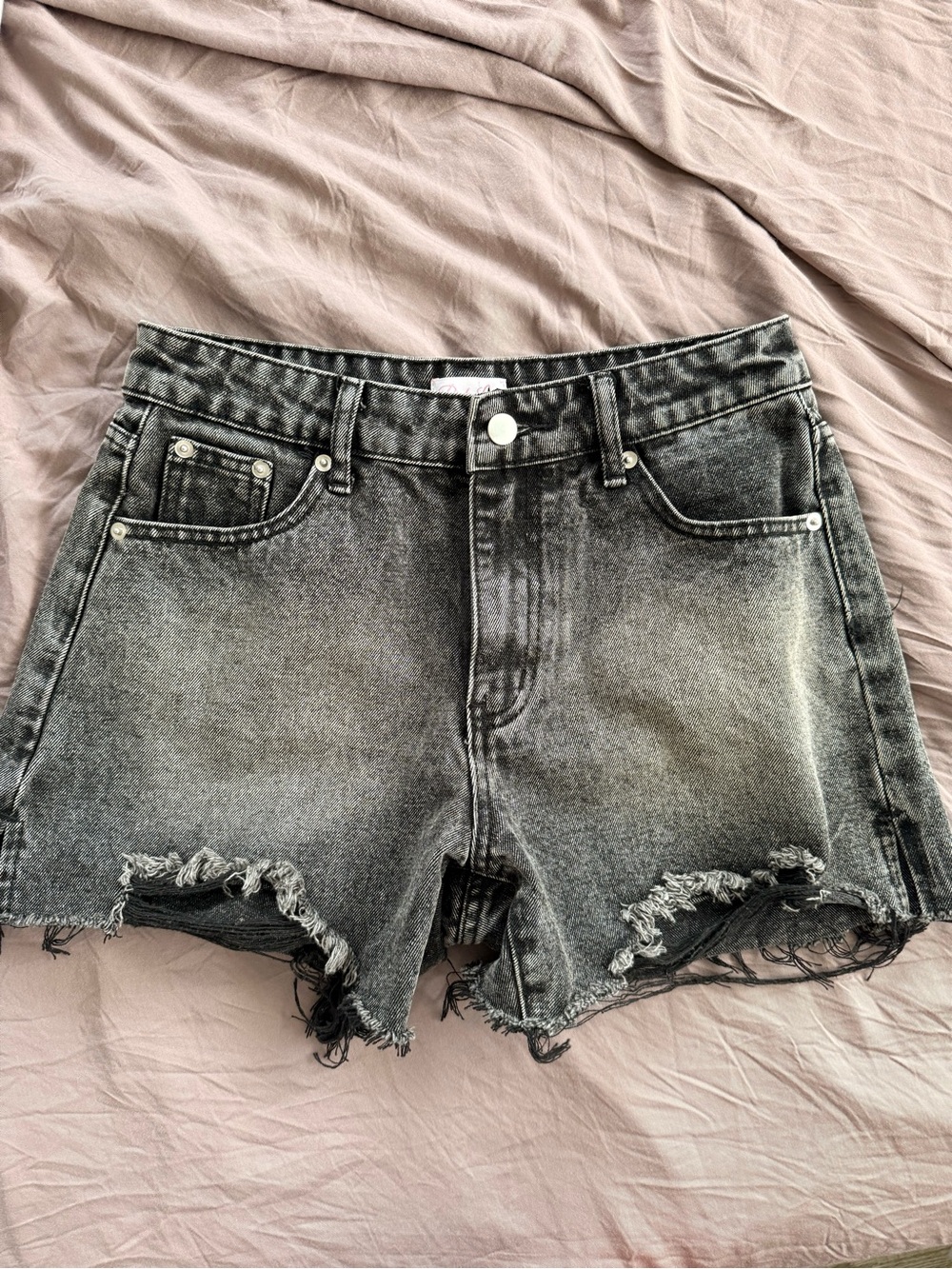 distressed black denim shorts